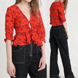 Topshop Floral Print Cut Out Tie Front Peplum Bouse Size US 4